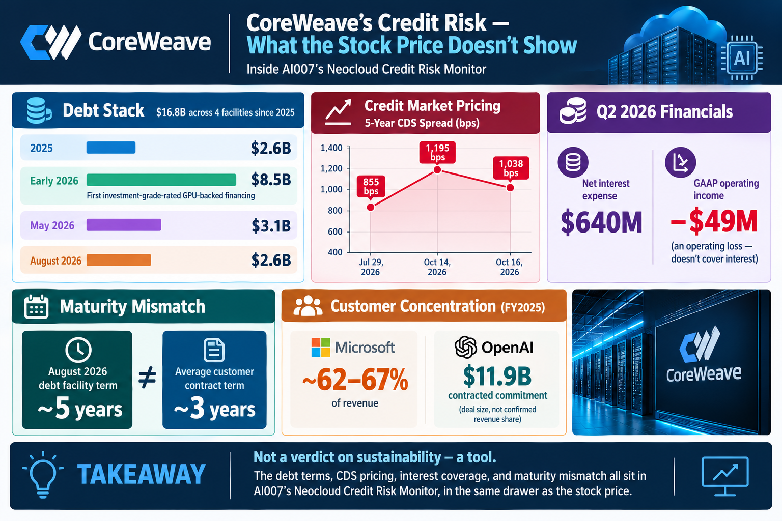 CoreWeave's credit risk: debt stack, CDS spread history, Q2 2026 financials, maturity mismatch, and customer concentration, summarized from AI007's Neocloud Credit Risk Monitor